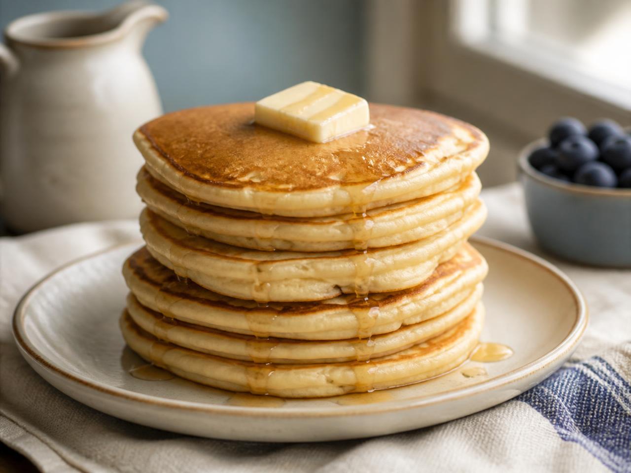 A tall stack of fluffy American pancakes with melting butter and syrup