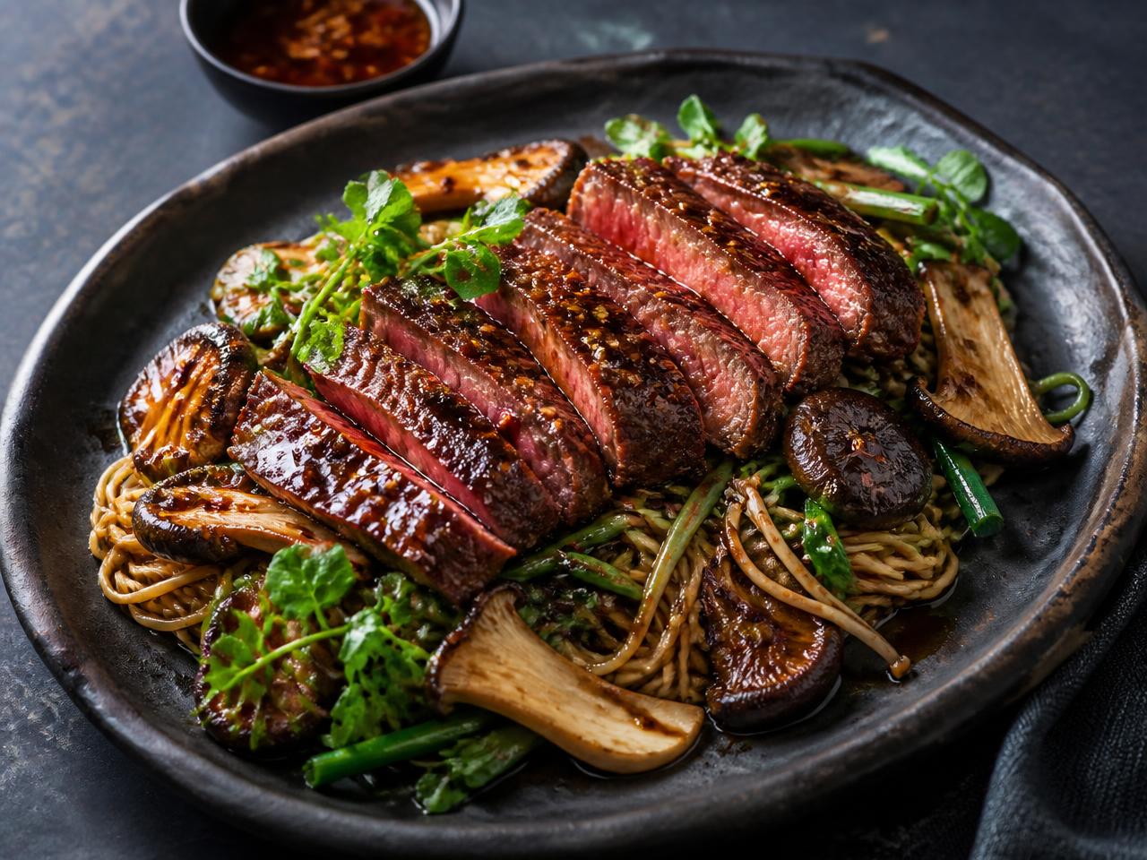 Sliced roast marinated sirloin with shiitake mushrooms over Chinese noodles and watercress