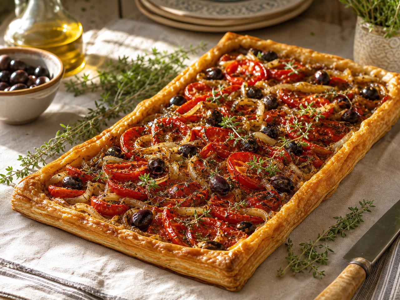 Rectangular provençal tart with roasted tomatoes, black olives, caramelised onions and fresh thyme on a linen tablecloth