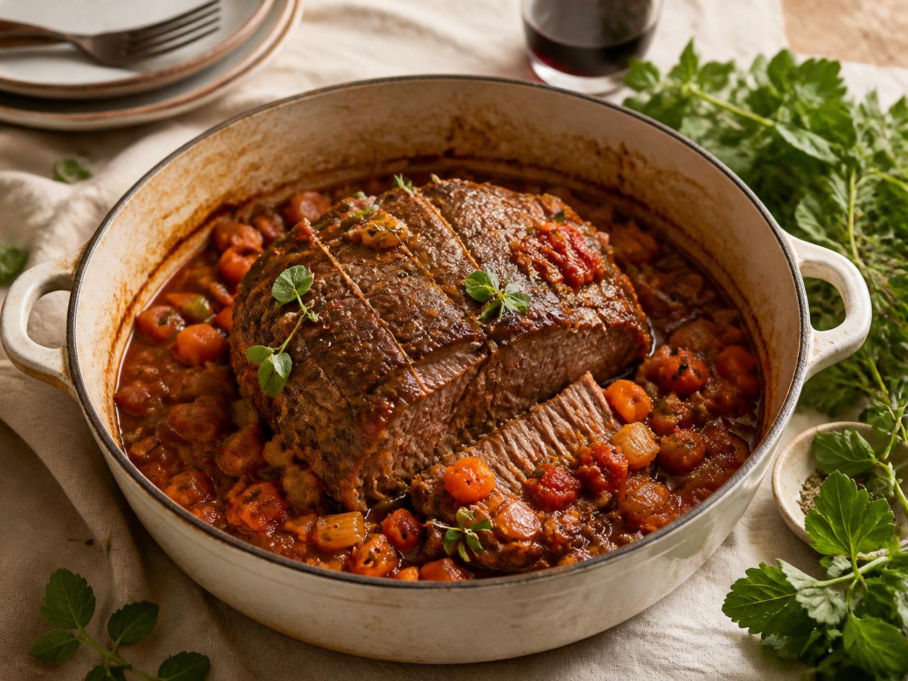 A silverside pot roast braised in tomato and white wine ragù with a mirepoix of carrot, celery and onion, fresh herbs alongside