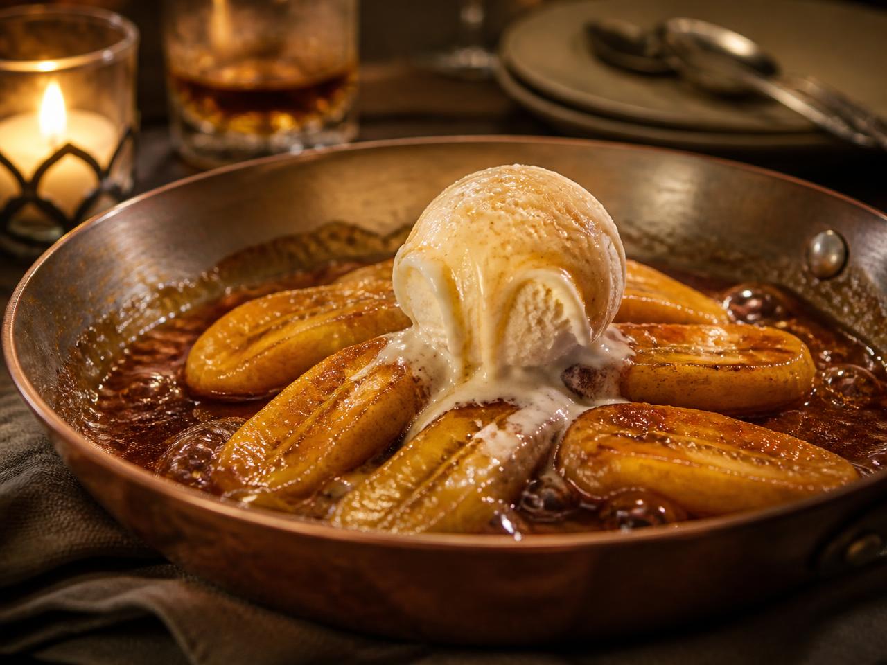 Caramelised bananas in rum butterscotch sauce in a copper pan with vanilla ice cream