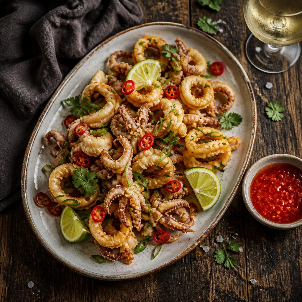 Golden crispy salt and pepper chilli squid on a rustic platter with lime, red chilli and coriander