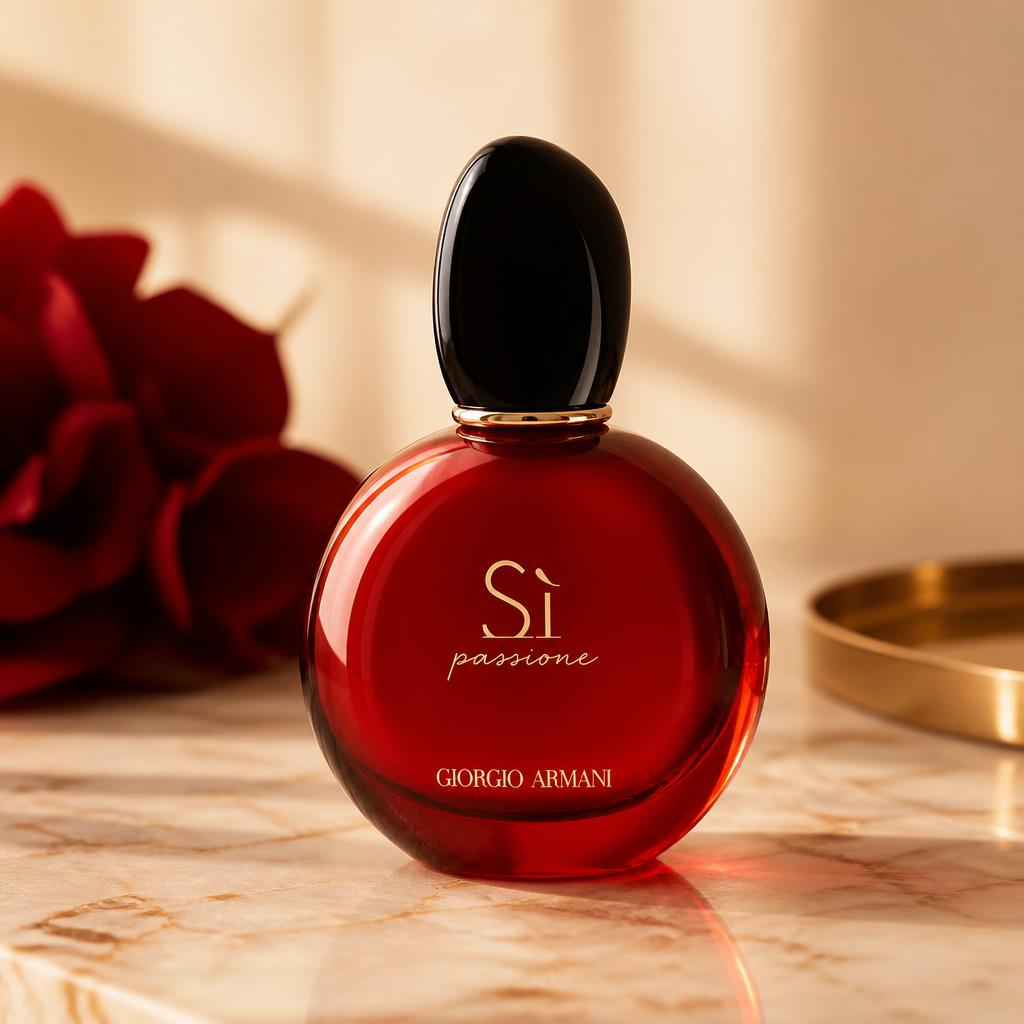 Giorgio Armani Sì Passione perfume bottle — deep ruby red sphere with black cap