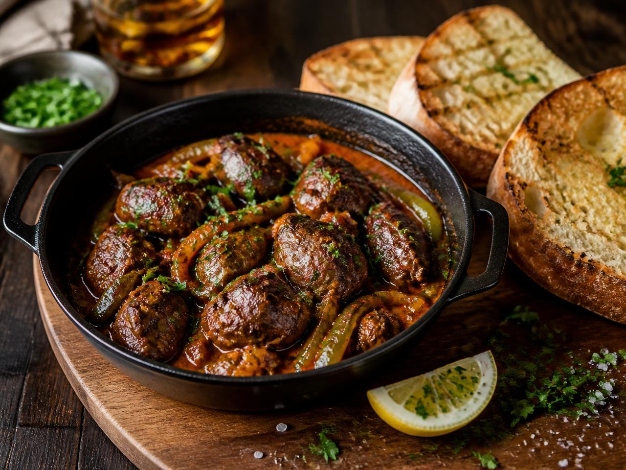 Peri-peri chicken livers in a cast-iron pan with green pepper and herbs, served with charred ciabatta toast