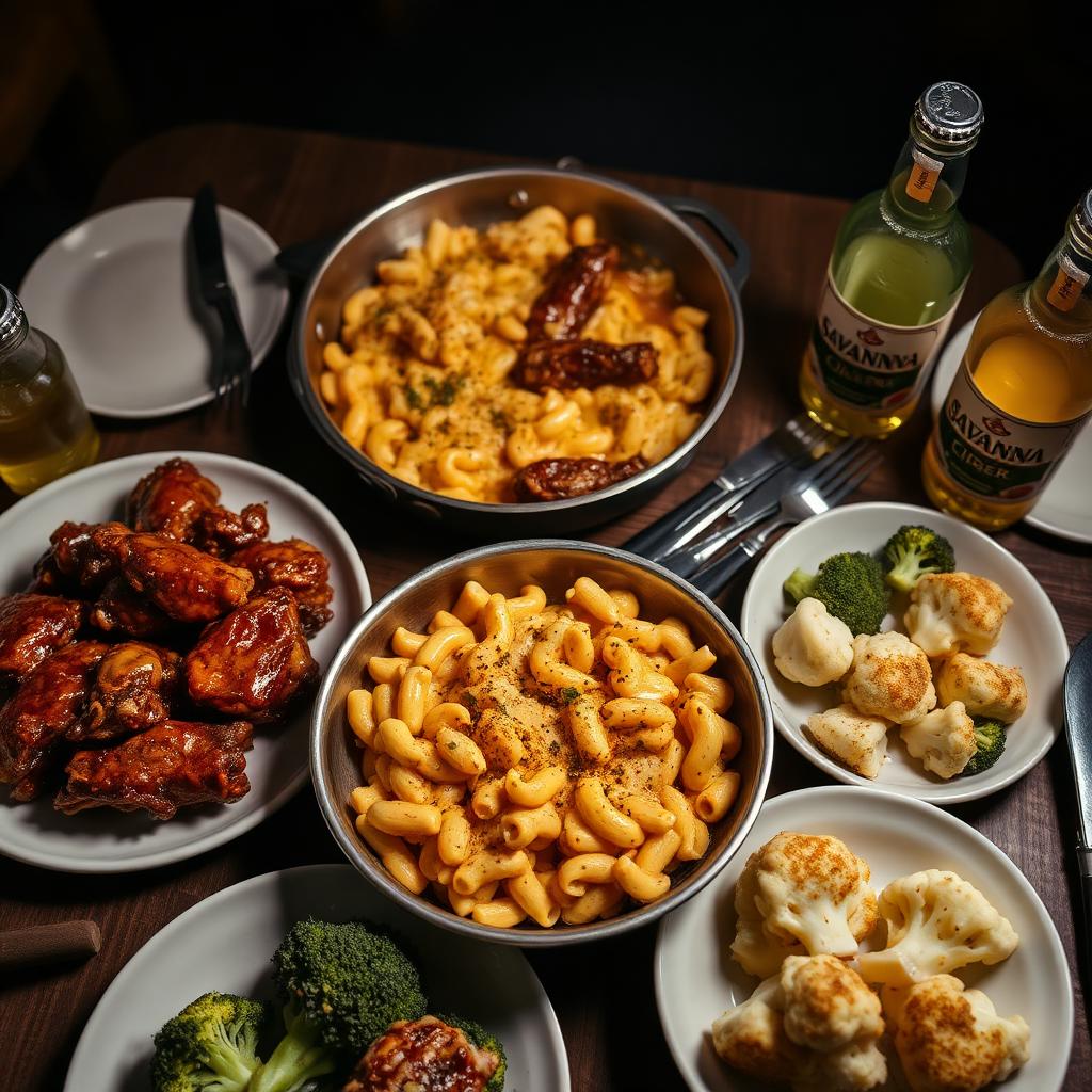 A dude-food Sunday spread: gochujang wings, truffle mac and cheese, creamy broccoli and cauliflower, and bottles of Savanna cider