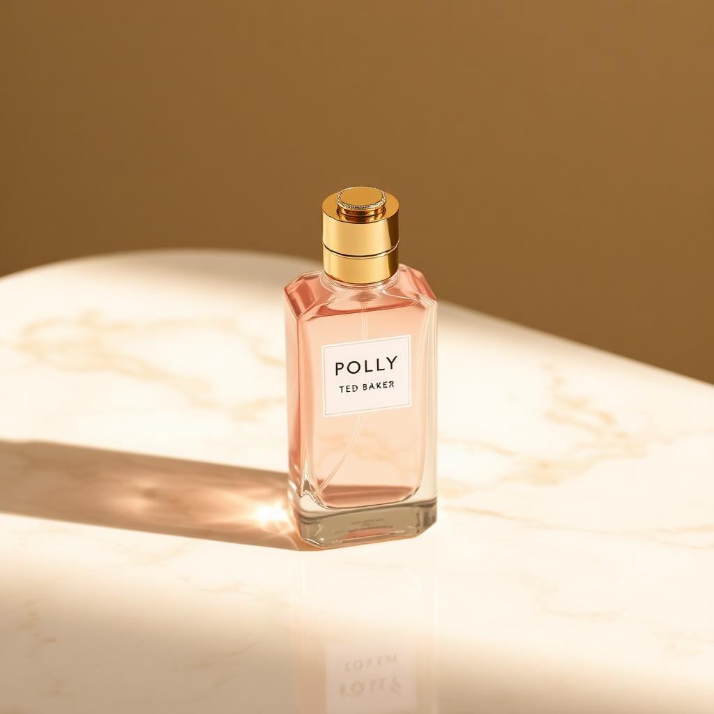Ted Baker Polly perfume bottle — pale pink glass with a gold cap on cream marble