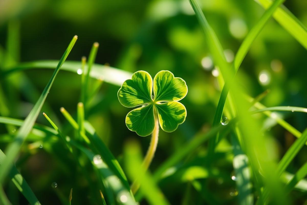 A four-leaf clover in dewy green grass