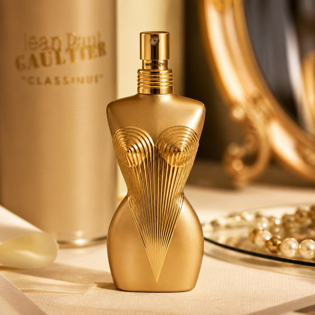 Jean-Paul Gaultier Classique perfume bottle — iconic gold female torso with ribbed corset detailing