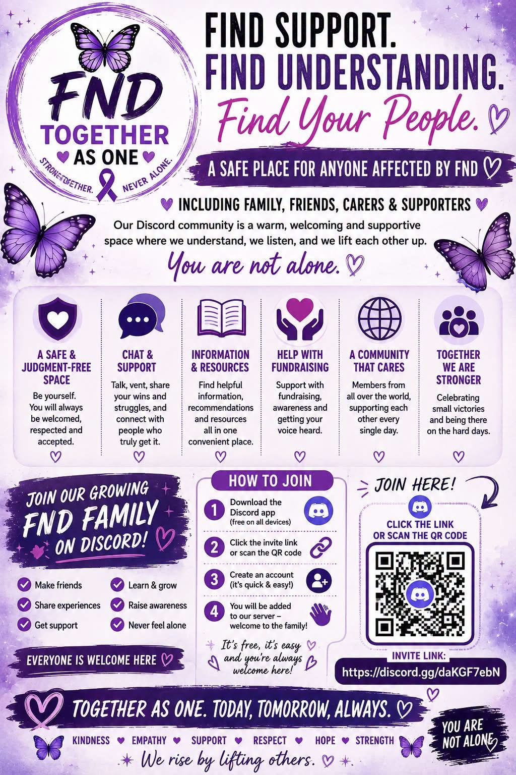 FND Together As One Discord community poster: Find support, find understanding, find your people