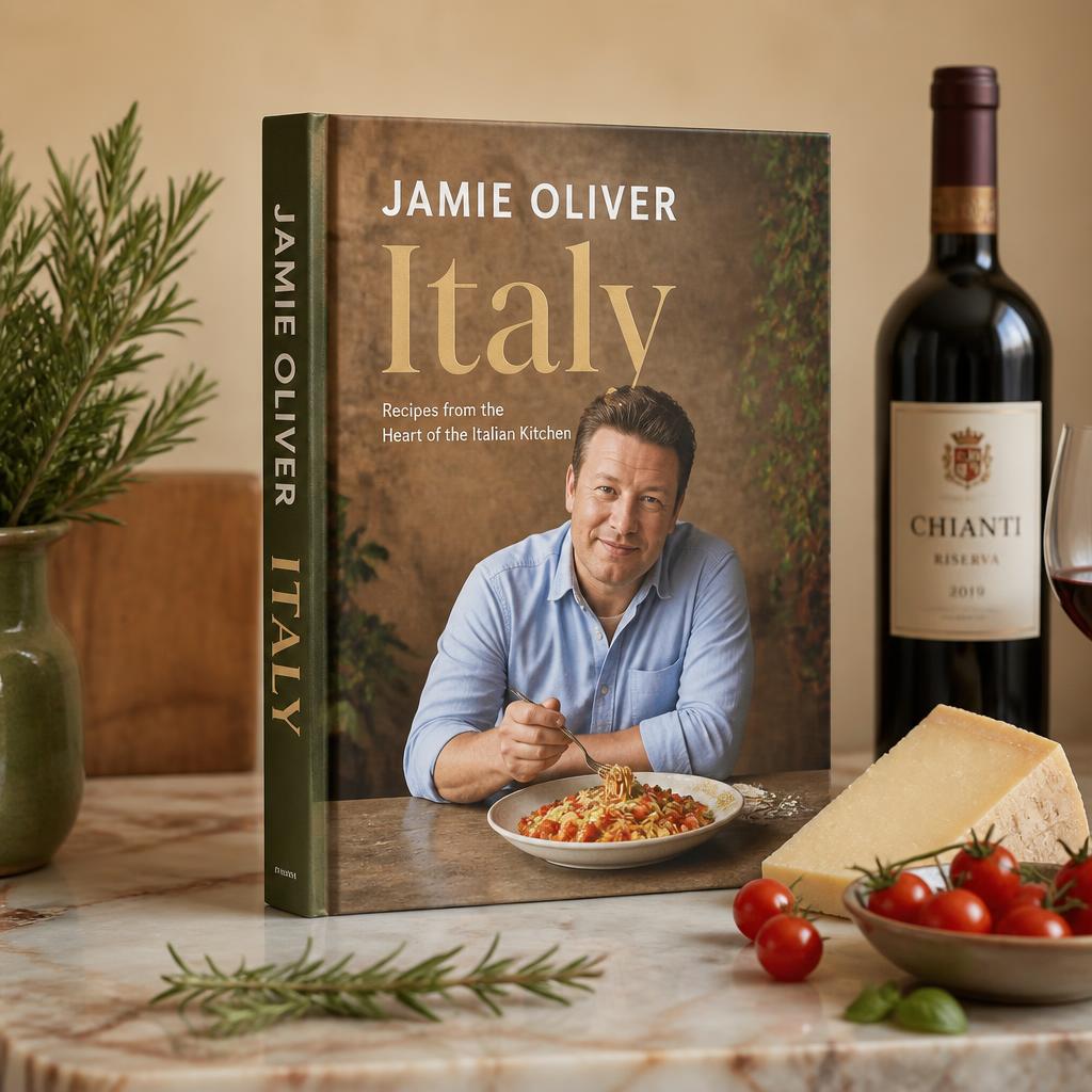 Jamie Oliver's Italy cookbook on a marble counter with Chianti, parmesan, rosemary and cherry tomatoes