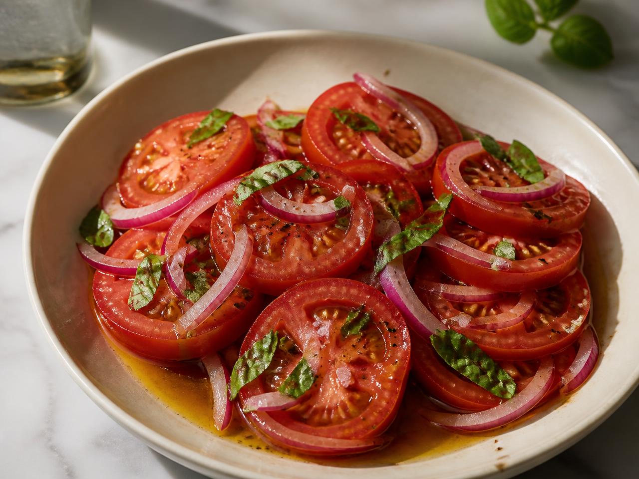Sliced ripe tomatoes with red onion and basil in a shallow cream bowl