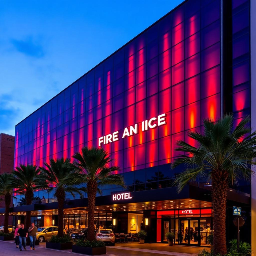 Fire & Ice hotel at Melrose Arch, Johannesburg — bold red and black facade lit at dusk