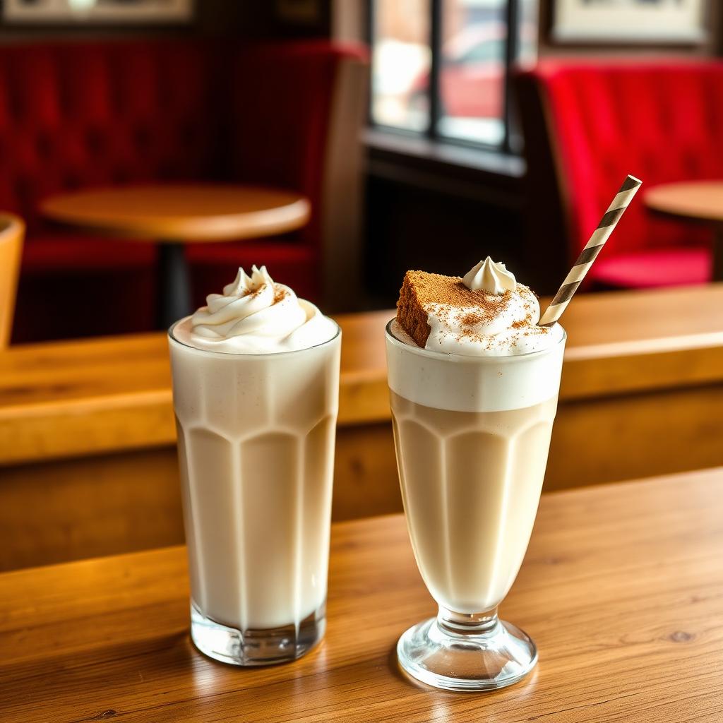 Two South African milkshakes — a rooibos-cream shake and a carrot cake shake with a slice on top