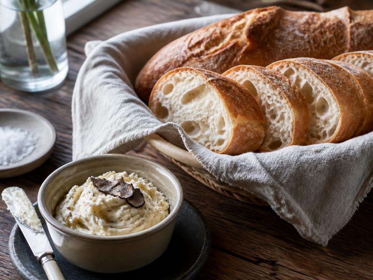 Sliced French baguettes in a linen-lined basket beside a crock of whipped truffle butter