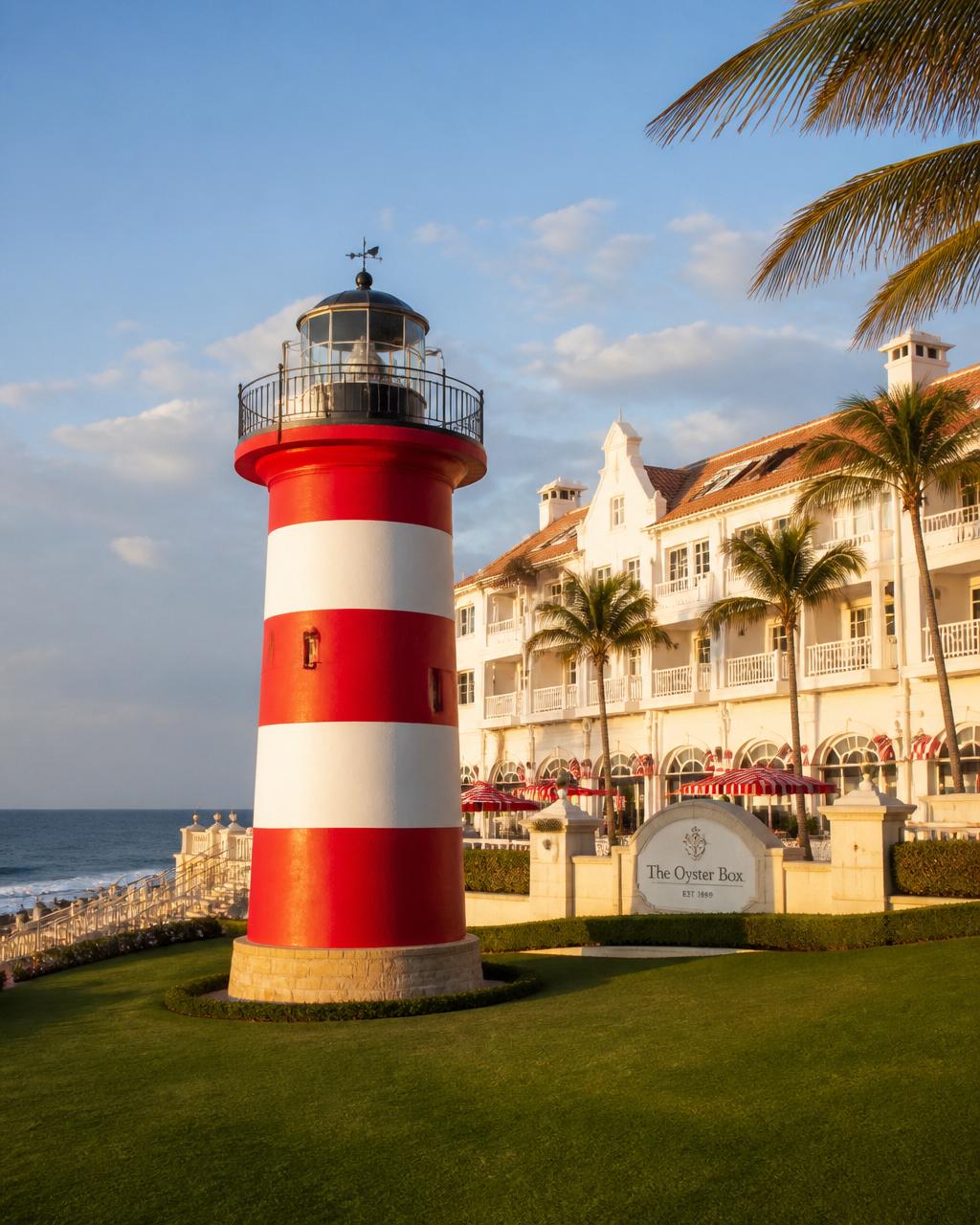 The red and white lighthouse at The Oyster Box hotel, Umhlanga, KwaZulu-Natal