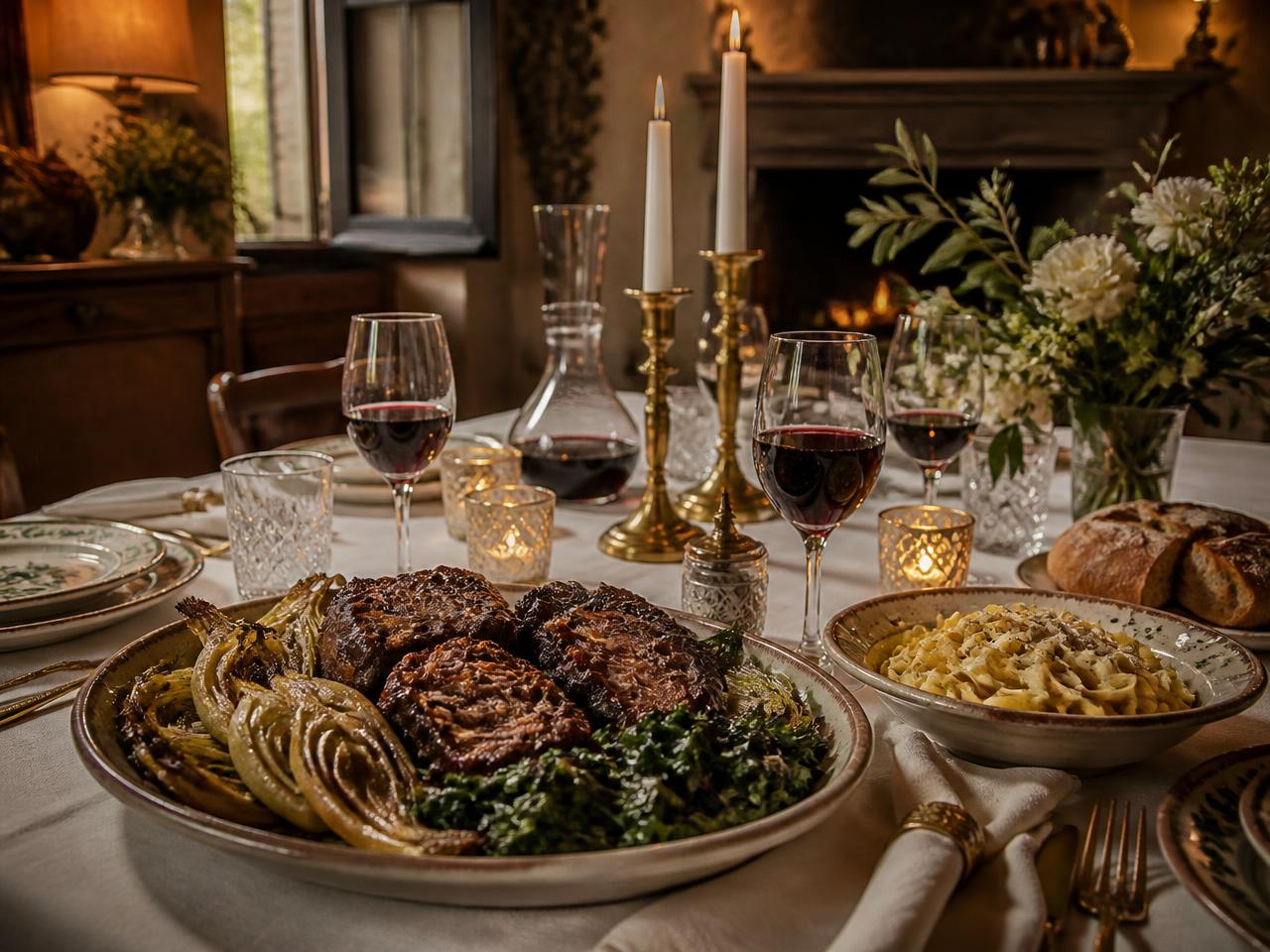 A candlelit Italian table set with Stracotto beef, tagliatelle, Chianti and leafy greens
