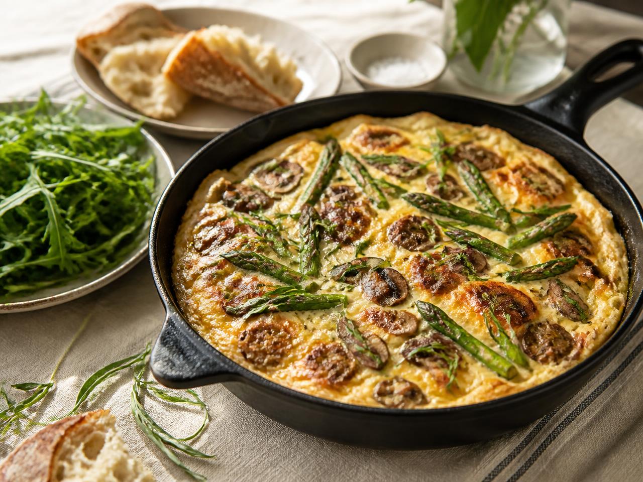 Tarragon, mushroom and beef sausage frittata in a cast-iron skillet with asparagus, rocket salad and baked bread