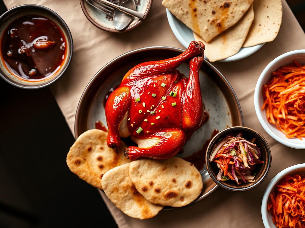 Gochujang lacquered spatchcock chicken with spicy Korean slaw and warm flatbreads on a cream linen table