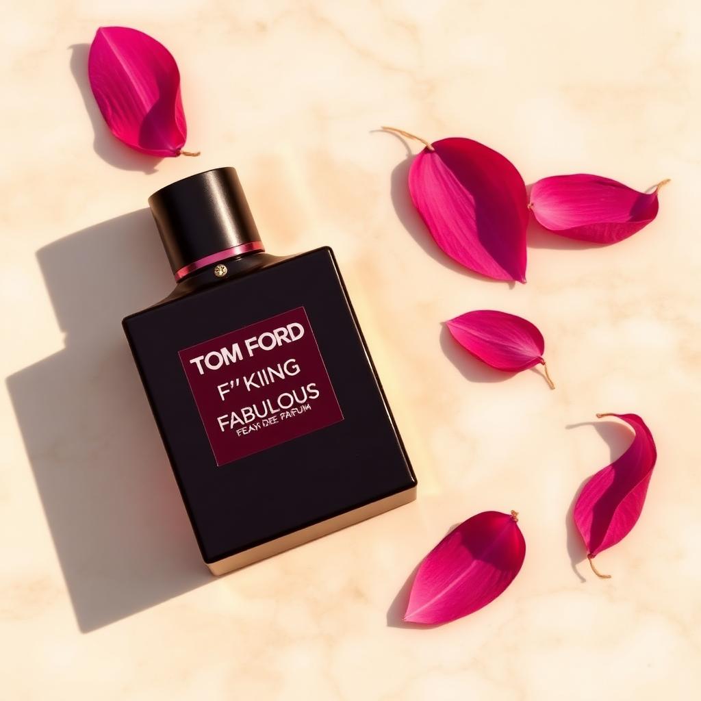Tom Ford F'king Fabulous perfume bottle — matte black rectangular glass with deep burgundy label and silver cap on cream marble