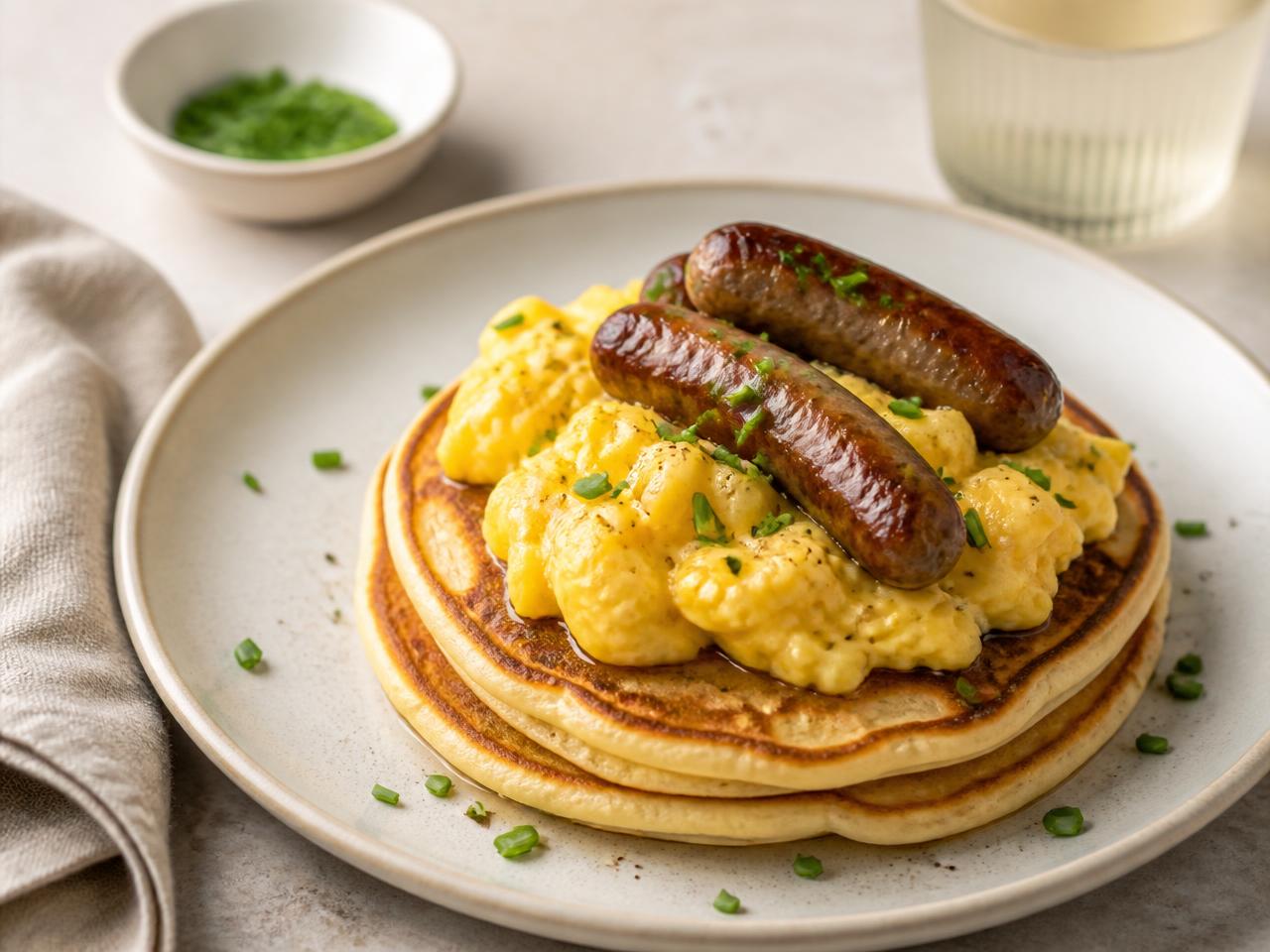 Savoury pancakes topped with soft scrambled eggs, browned sausages and chives