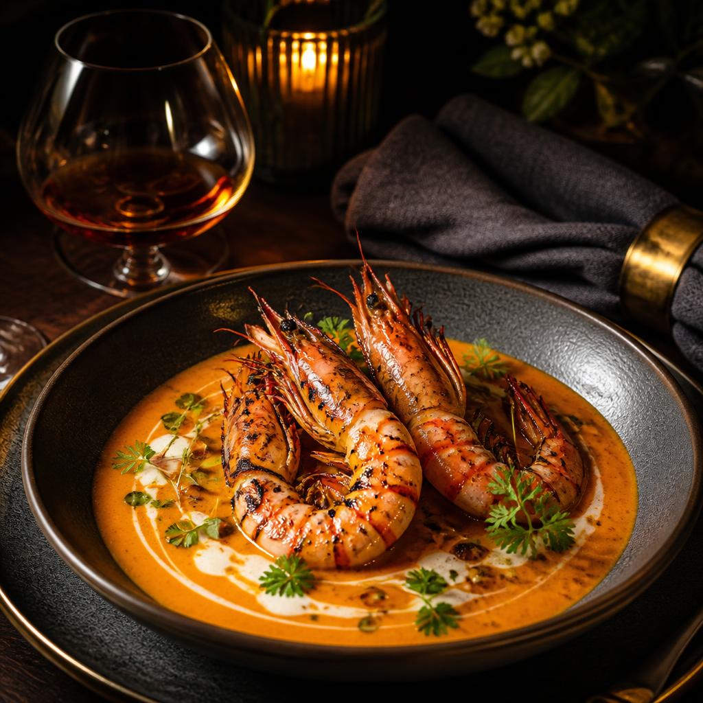 Seared tiger prawns sitting in a silky orange prawn bisque with cream and chervil, candlelight and a glass of brandy behind