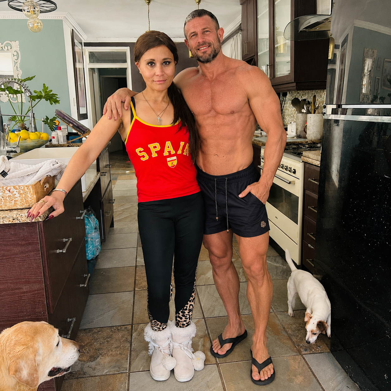 Cass in a red Spain vest and fur-trimmed boots standing beside Gio in the kitchen, with Sarah Jessica and their golden retriever nearby