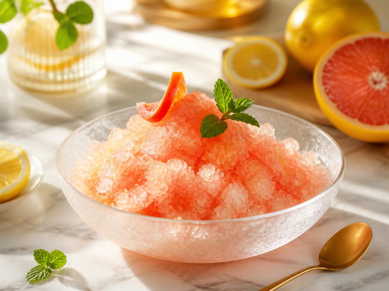 Lemon and grapefruit granita in a frosted glass bowl with mint and grapefruit peel