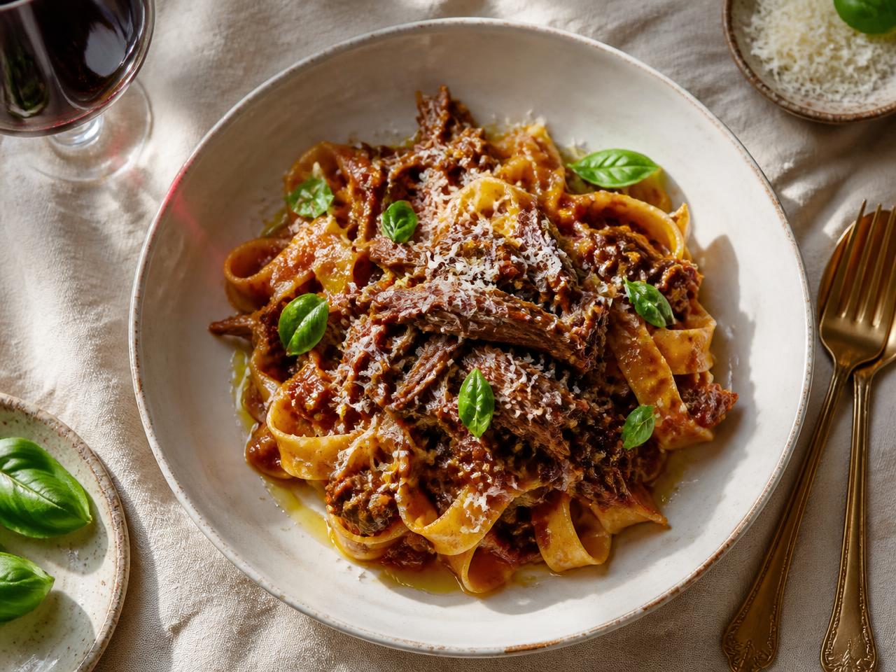 Stracotto beef ragù over fresh tagliatelle with parmesan and basil