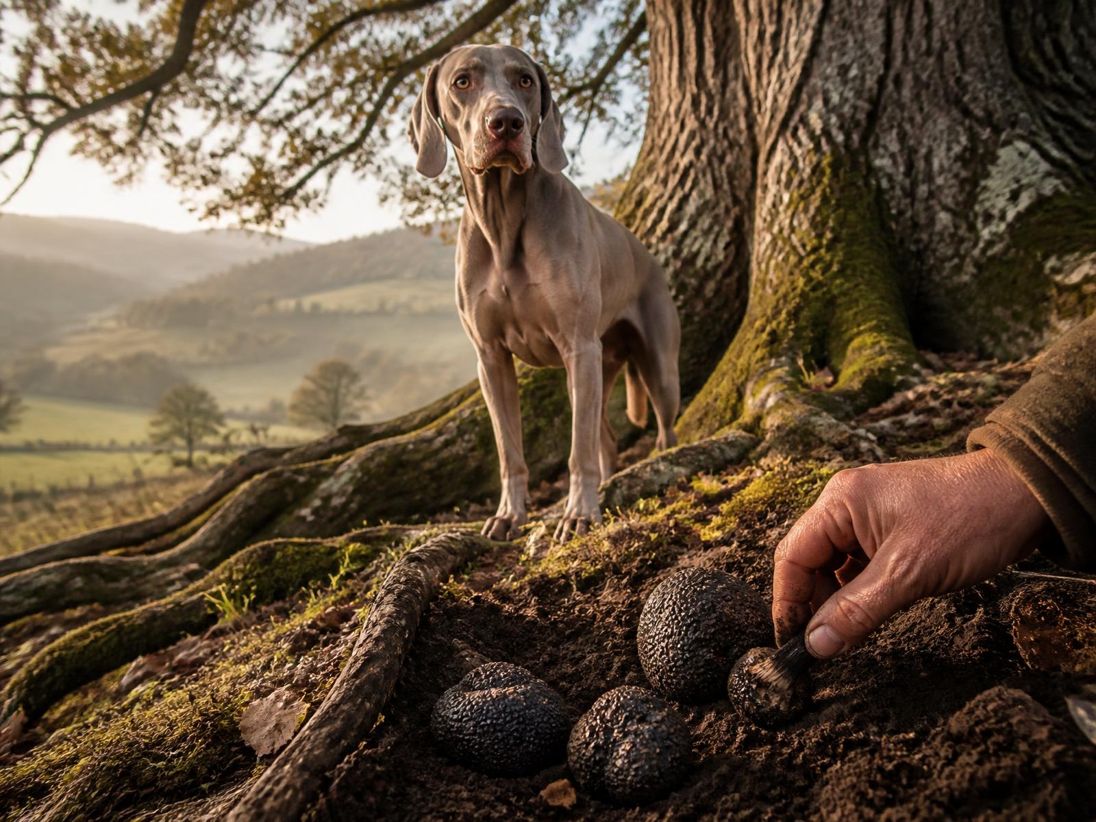 A Weimaraner standing among the roots of an oak tree beside freshly dug black truffles
