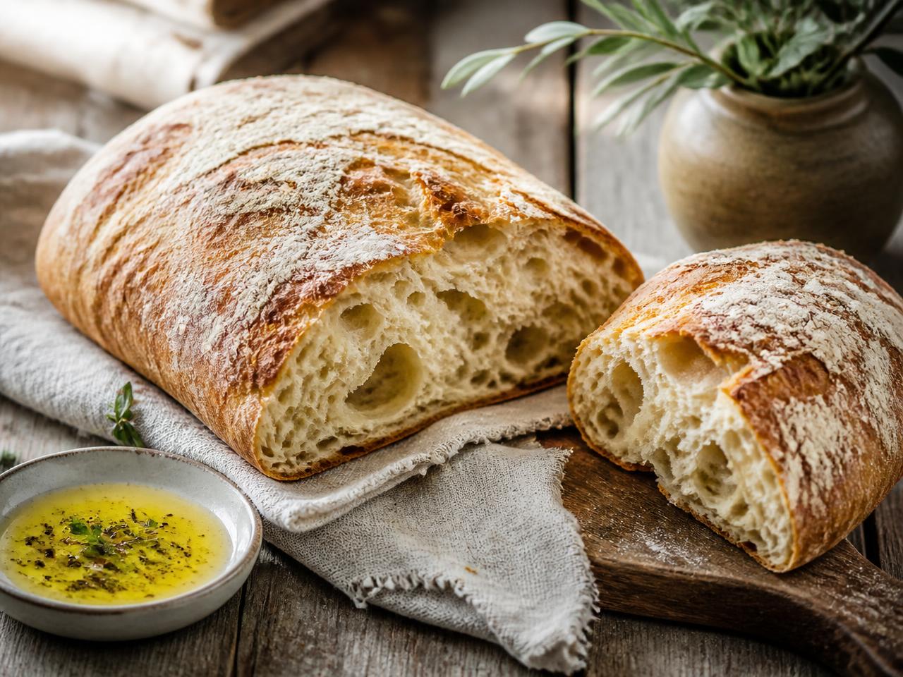 Freshly baked ciabatta loaf with a blistered floury crust, torn open to show an open airy crumb