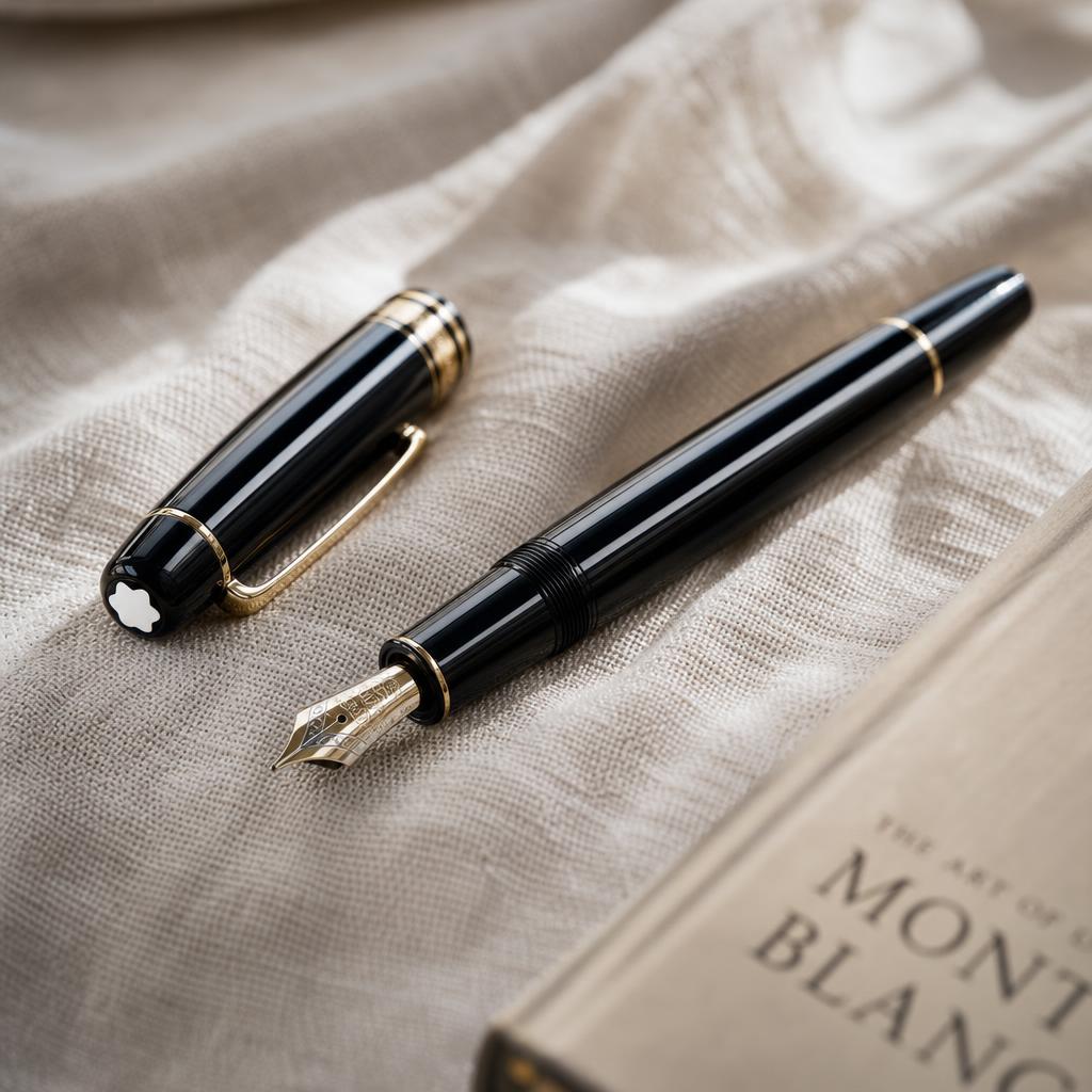 A black Mont Blanc fountain pen with gold trim and the white star emblem, resting on cream linen beside a book