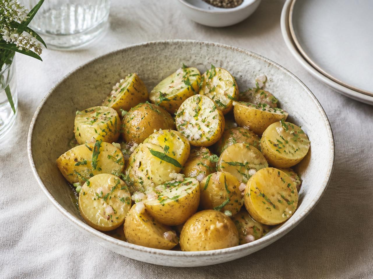 French potato salad in a ceramic bowl with Dijon vinaigrette, shallots and herbs