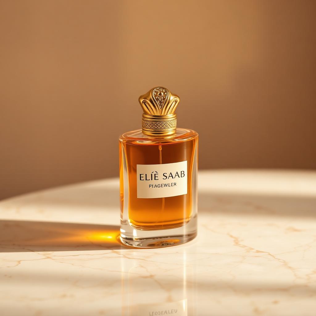 Elie Saab perfume bottle — amber glass with an ornate gold cap on cream marble
