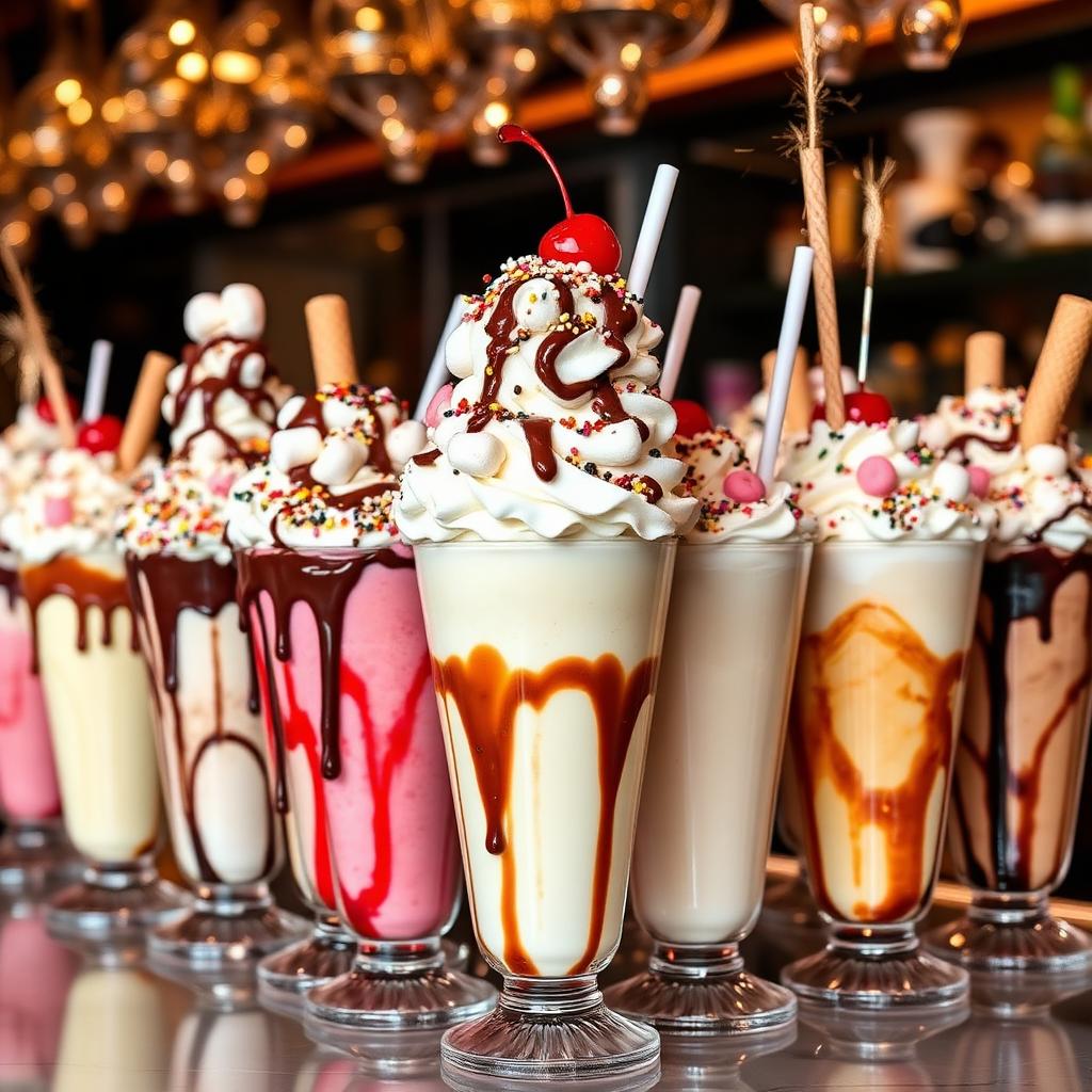 A line-up of extravagant milkshakes topped with whipped cream, sprinkles, wafers and cherries