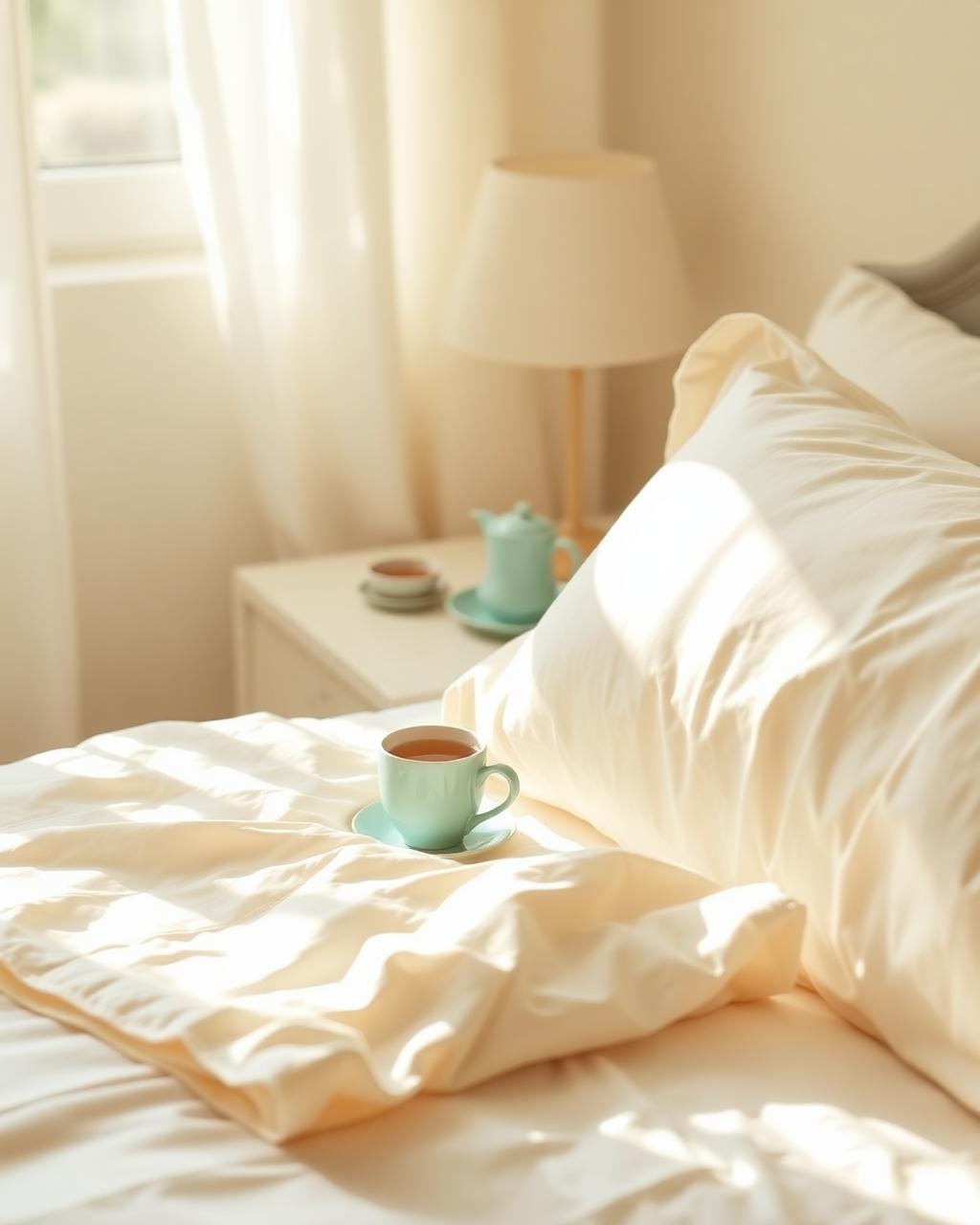 A quiet afternoon bedroom scene with cream linens, a Tiffany blue teacup, and pale sunlight