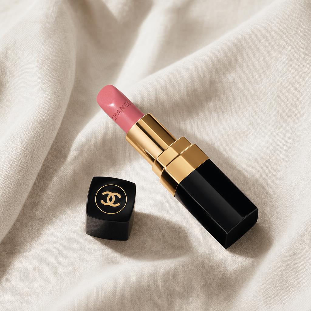 Open Chanel lipstick in a soft light pink shade with the iconic black tube and gold CC logo cap on cream silk