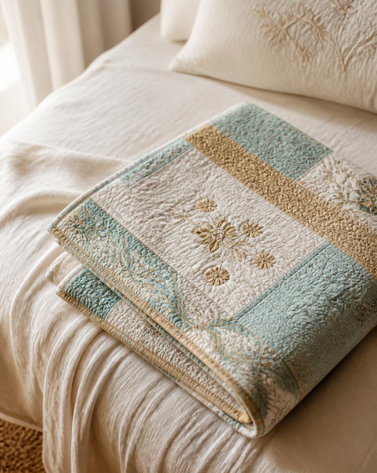 A folded cream, Tiffany blue and antique gold quilt resting on a soft linen bed in morning light