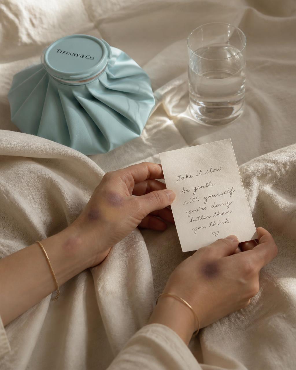 Bruised hands holding a handwritten note beside a Tiffany-blue ice pack and a glass of water