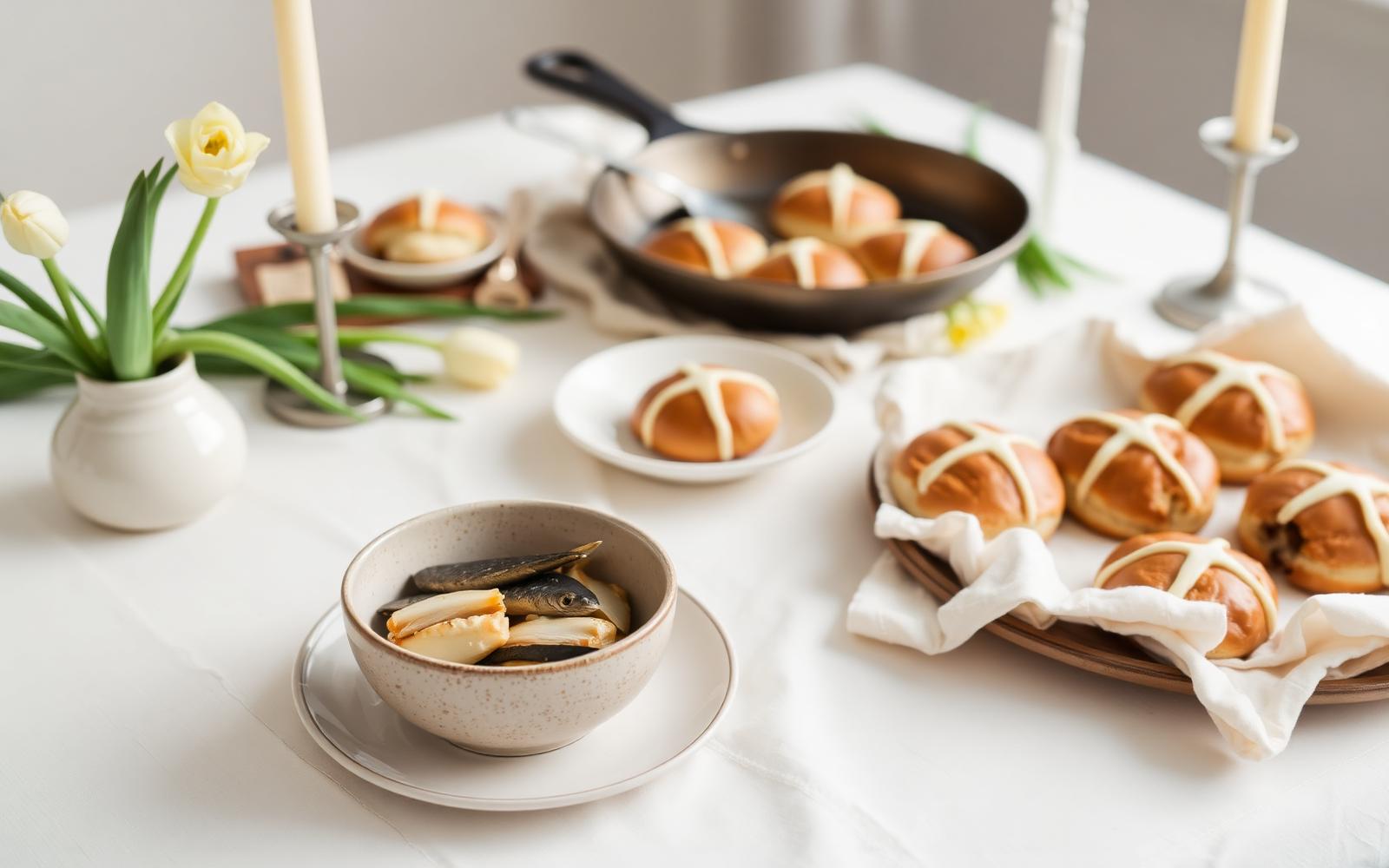 An Easter table with pickled fish, hot cross buns, a seafood skillet, tulips and cream candles