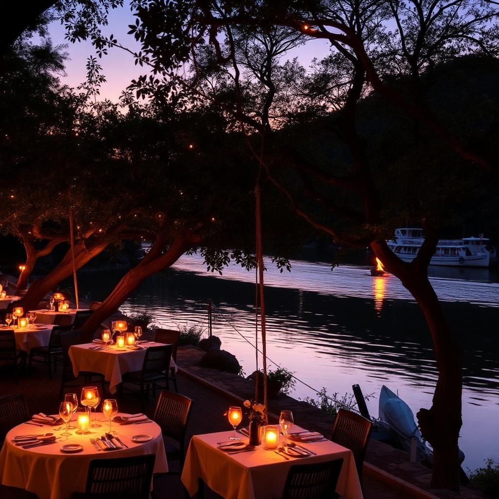 Al Fiume restaurant at dusk on the Hennops river — candlelit tables under trees, softly lit water