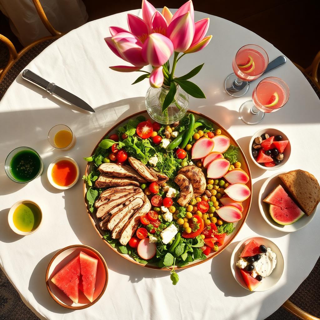 Overhead summer book club lunch table — cream linen cloth, oversized platter of composed grilled chicken summer salad, small bowls of green, yellow and red herb oils, pink Paloma cocktails, watermelon and feta salad, olive focaccia, and a tall vase of South African pink and cream king proteas as centrepiece