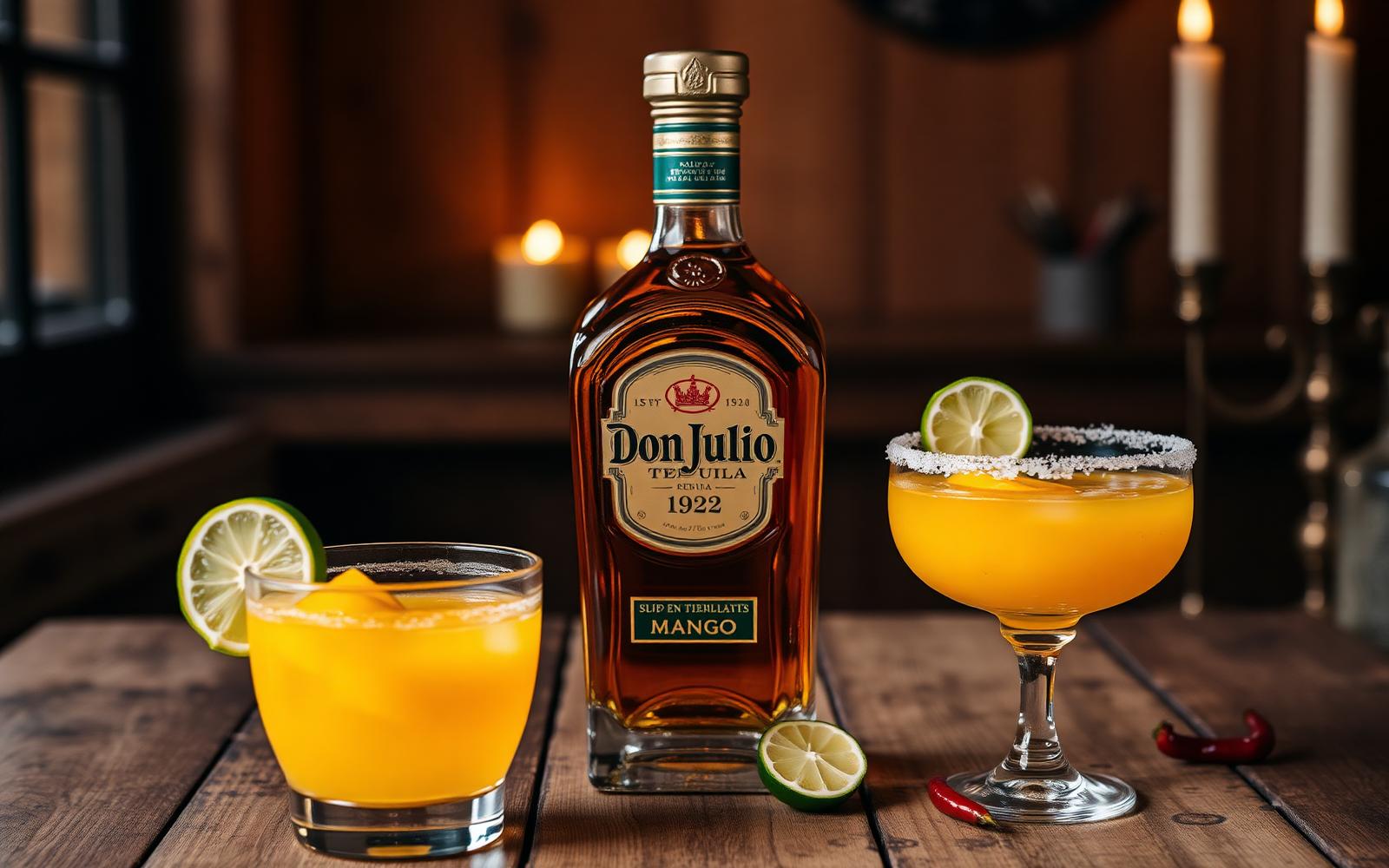 Don Julio tequila bottle with two spicy mango margaritas, limes and red chillies on a rustic wooden table