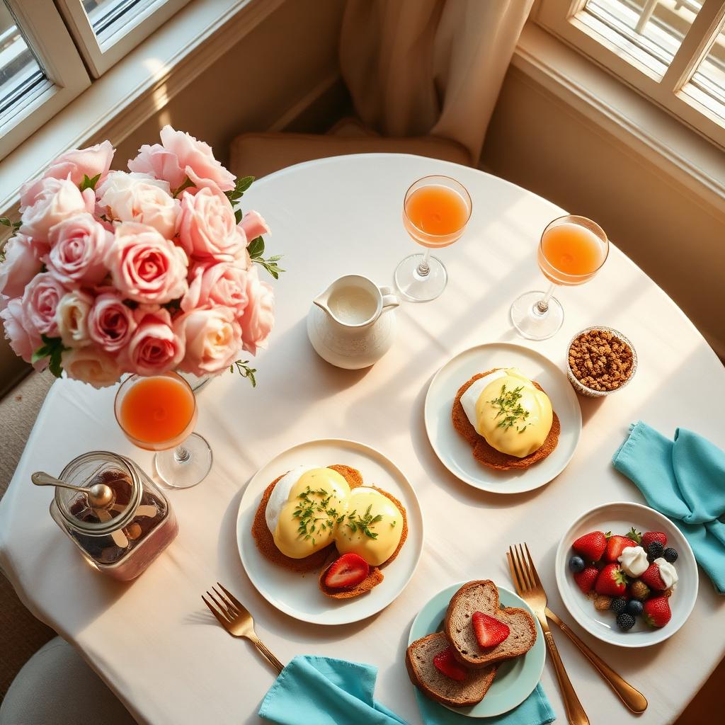 Overhead of a soft, feminine brunch table with pink roses, grapefruit Bellinis, eggs benedict, granola and berries