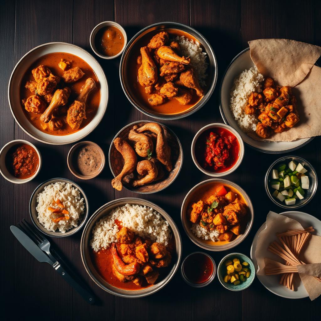 A spread of South African Indian curries — Madras, tikka masala, prawn and crab — with rice, roti and sambals