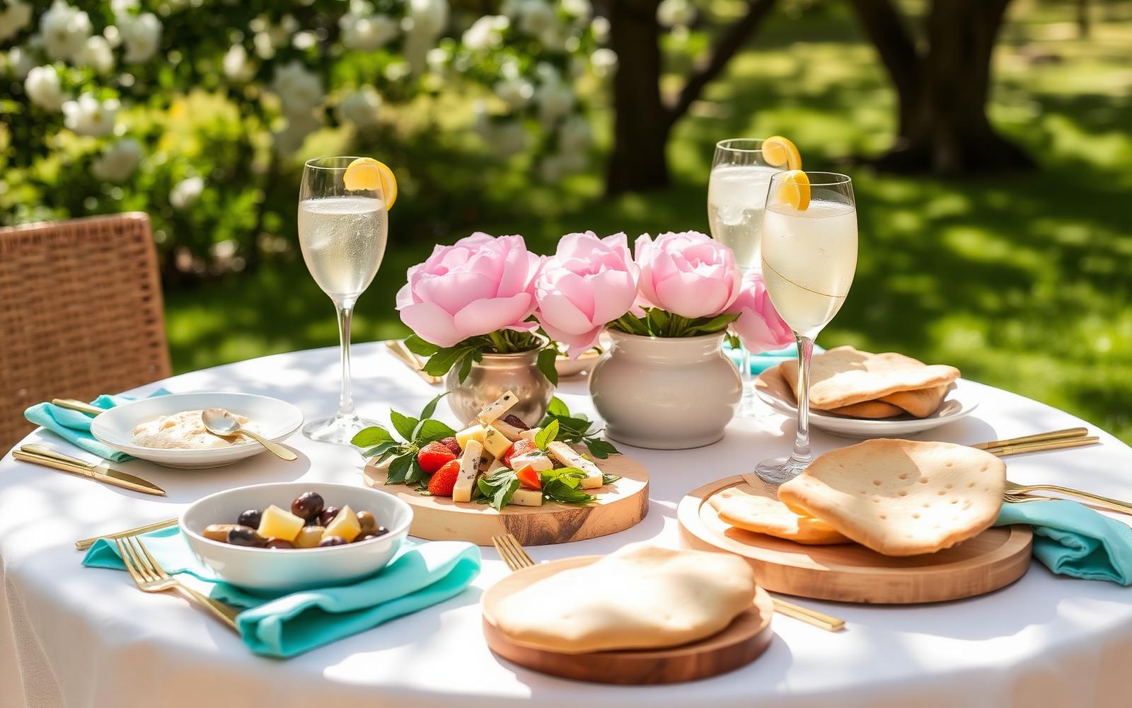 A sunlit ladies' summer lunch table with cheese board, hummus, olives and light cocktails