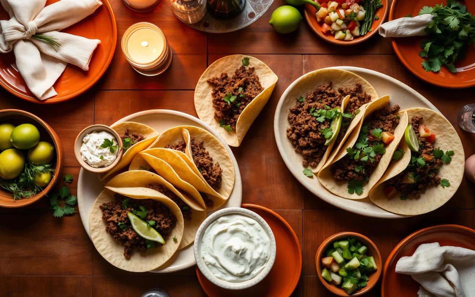 Overhead spread of minced beef tacos, guacamole, cream cheese, salad and limes on a warm wooden table