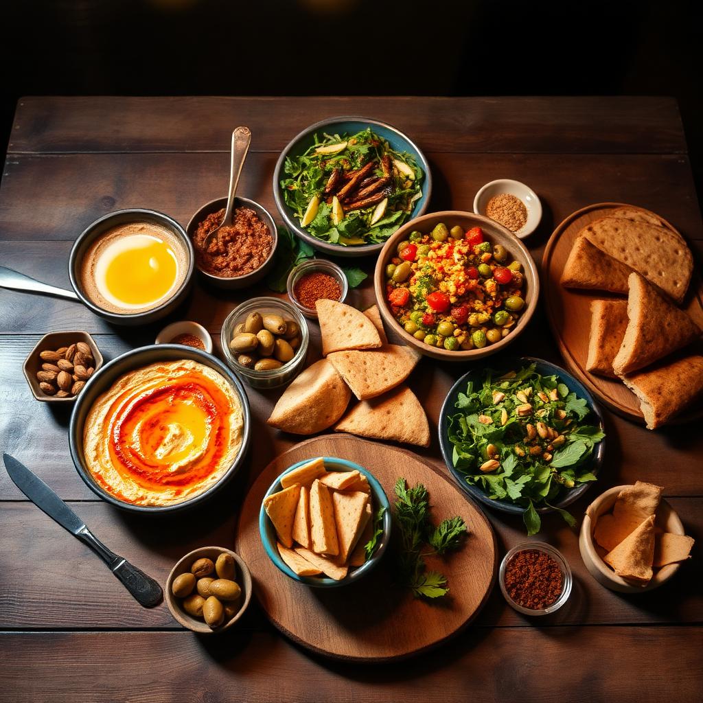 Overhead Middle Eastern mezze spread — hummus, baba ganoush, tabbouleh, fattoush, spiced olives, roasted almonds and warm pita on a wooden table