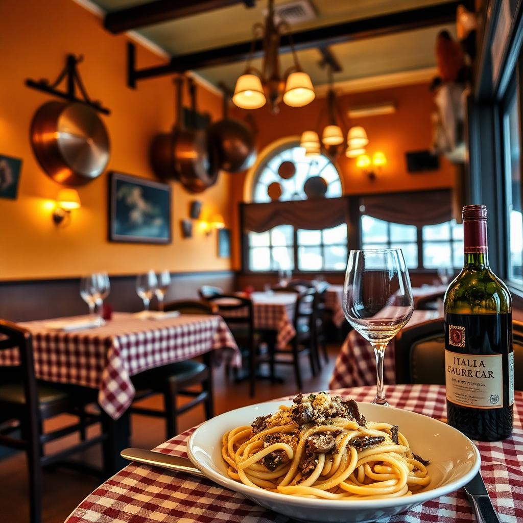 A cosy Italian trattoria with checkered tablecloths, hanging copper pans, and a bowl of creamy mushroom penne — the memory of Primi Piatti