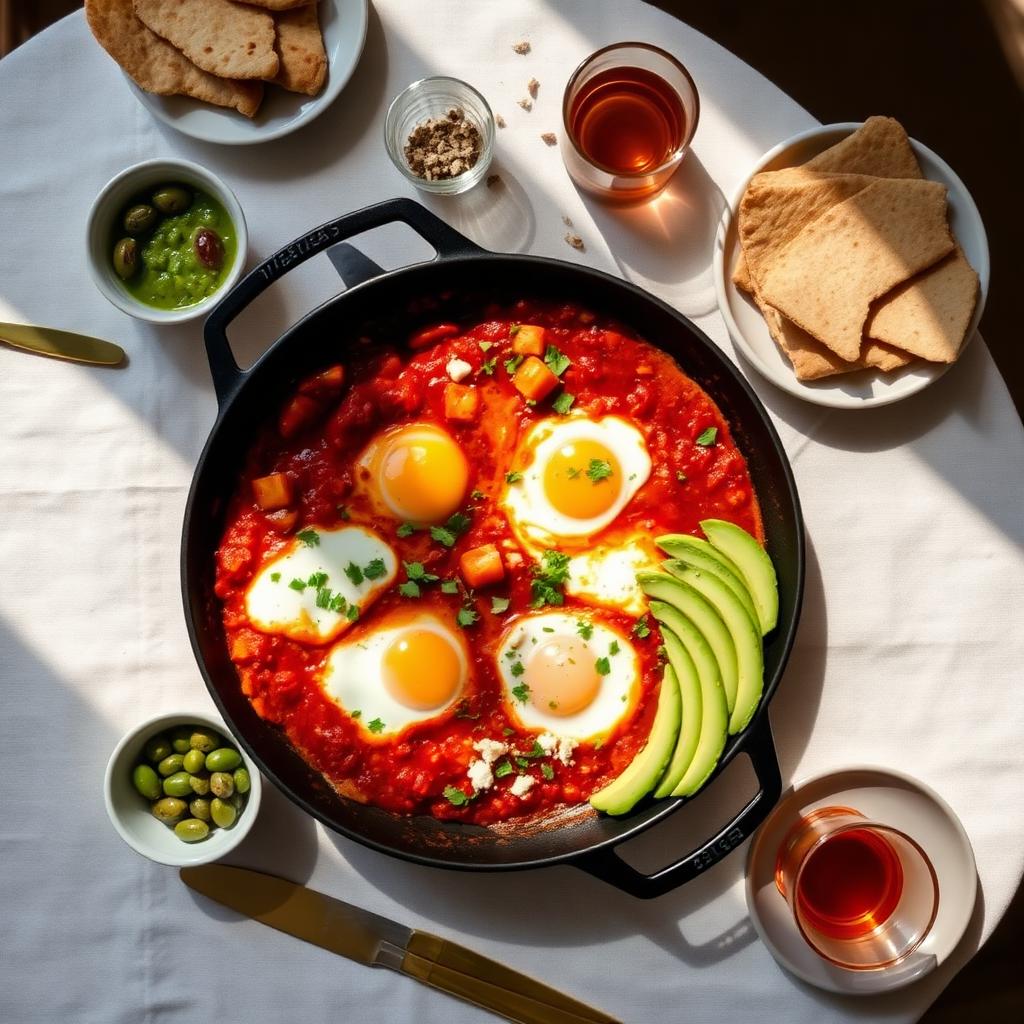 Overhead Middle Eastern breakfast-for-dinner spread — a large skillet of classic shakshuka with baked eggs, small bowl of green zhoug, warm pita, avocado and olives on a cream tablecloth