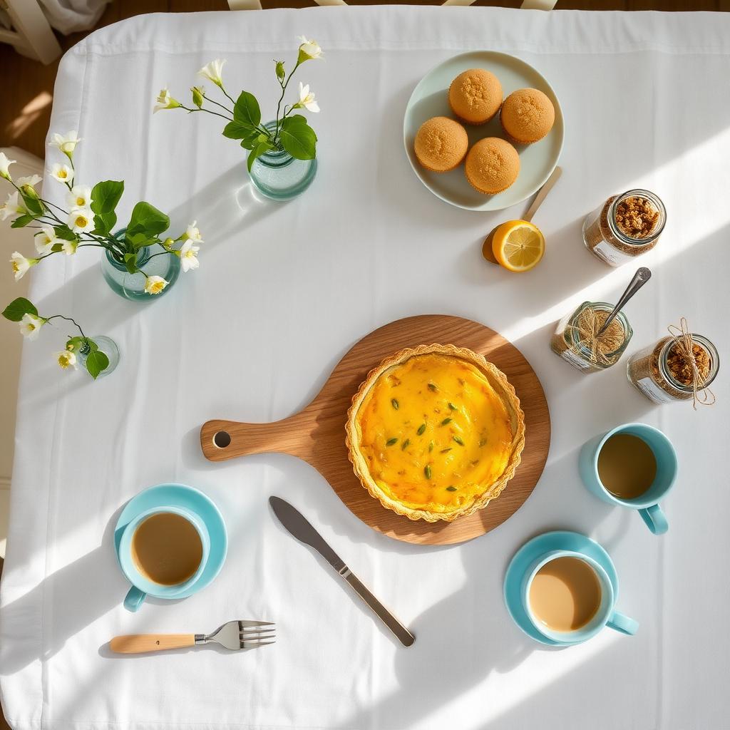 Overhead spring breakfast table for ladies — golden breakfast tart on a wooden board, tall lemon poppy seed muffins on a cake stand, jars of granola and small jars of lemon marmalade tied with twine, cappuccinos in Tiffany-blue cups, white ranunculus in glass vases